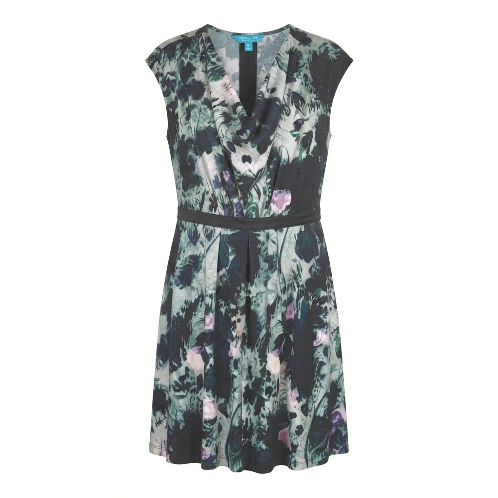 Simply Vera Vera Wang Dress Womens XL Teal Black Floral Cowl Neck Lace Back Cap